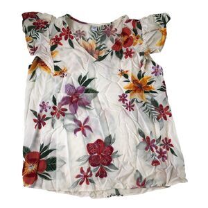 Old Navy Women’s White Floral Ruffle Flutter Short Sleeve Tropical Top Medium